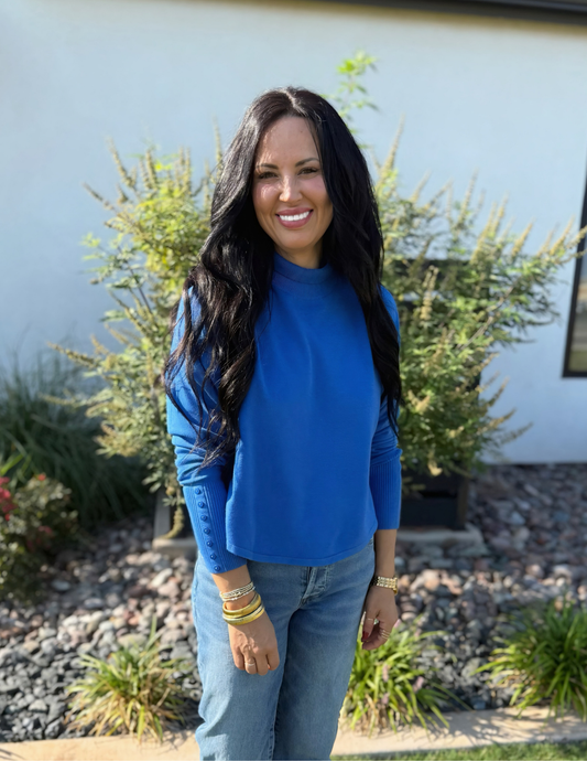 Mock Neck Sweater- Blue - Tres Chic Boutique