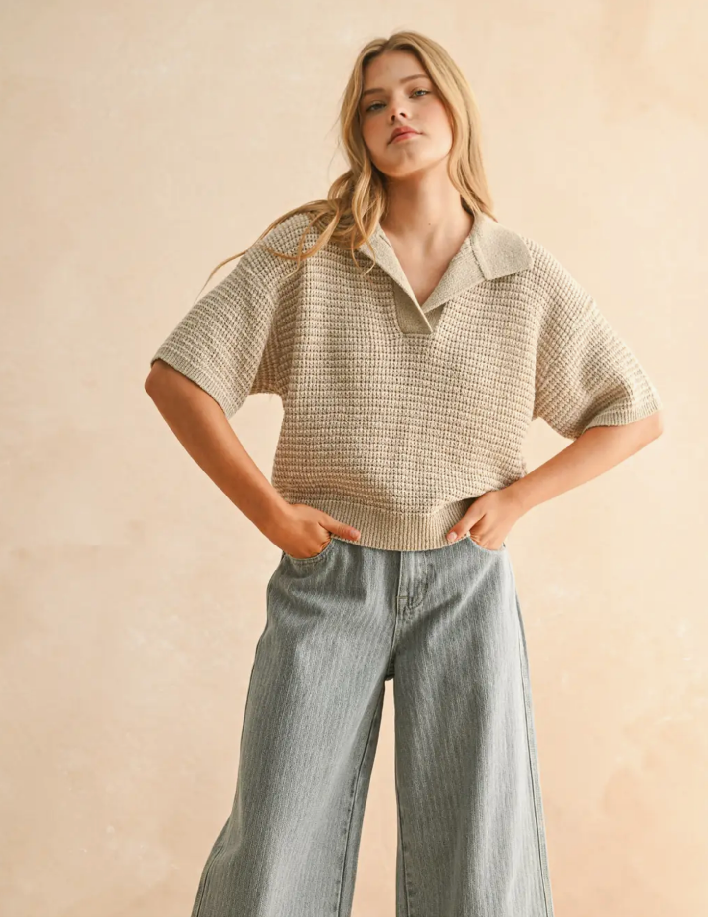 Taupe Collared Knit Top