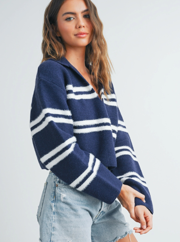 Navy Stripe Crop Collar Sweater - Tres Chic Boutique