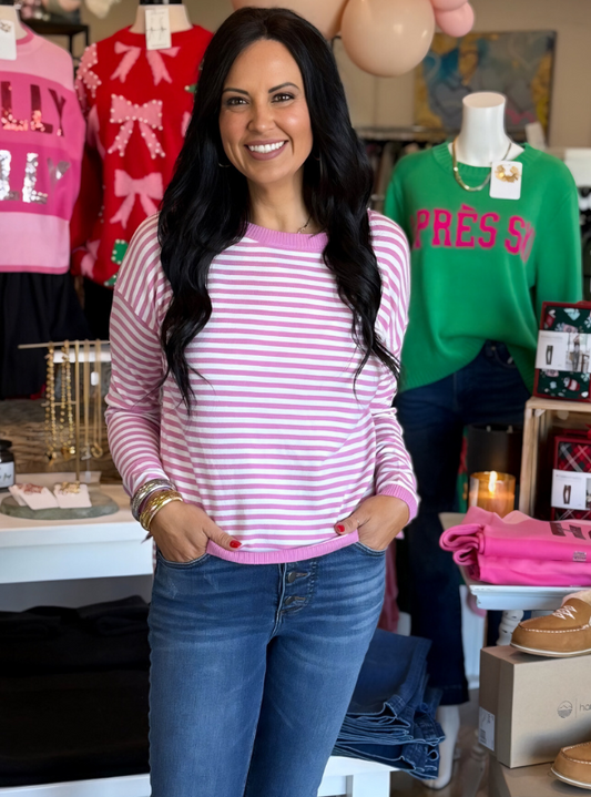 Pink Striped Crew Neck Sweater - Tres Chic Boutique