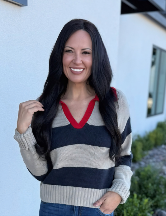 Pop Of Collar Contrast Sweater- Mocha Black