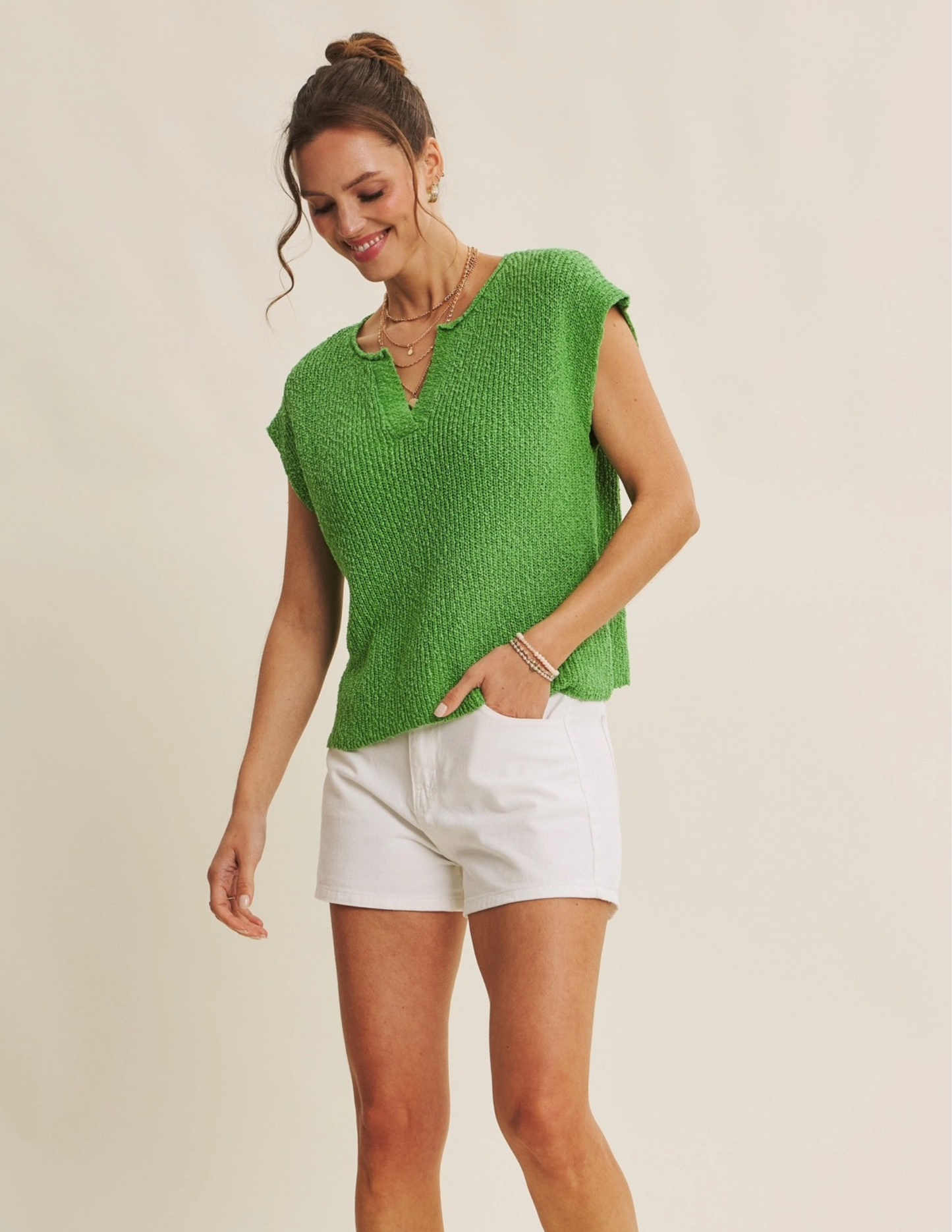 Relaxed Fit Slub Knit Sweater Top- Kelly Green
