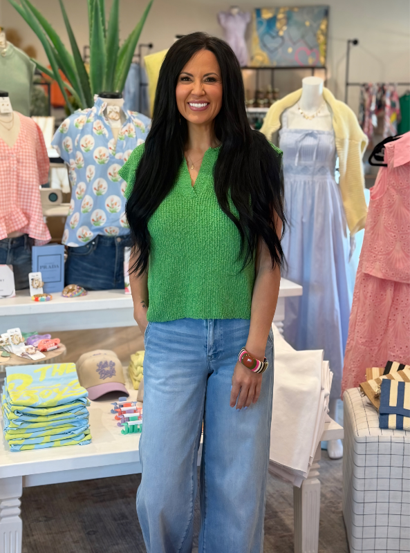 Relaxed Fit Slub Knit Sweater Top- Kelly Green