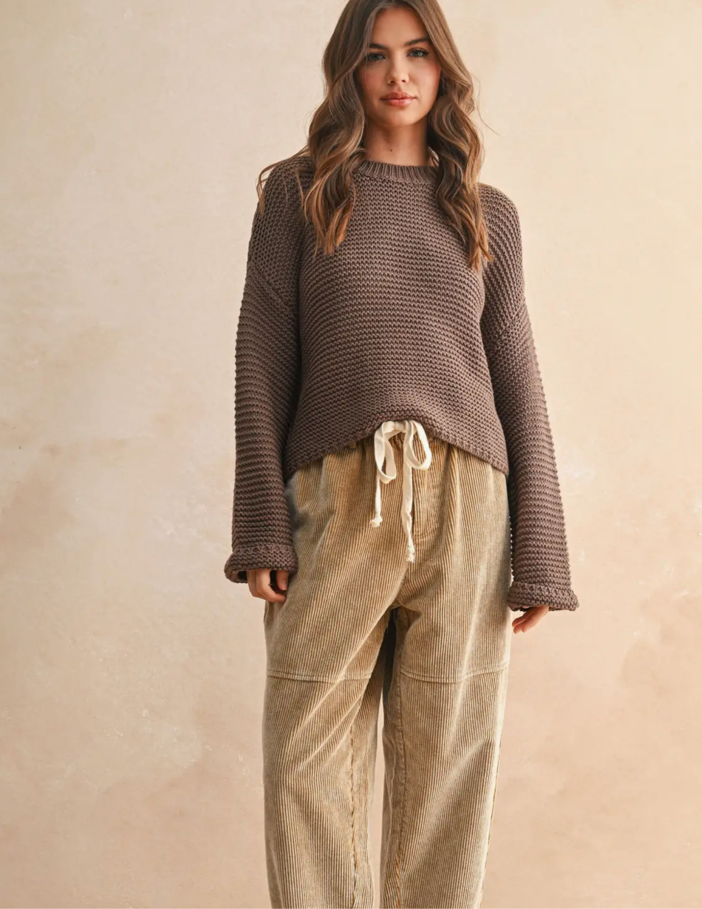 Round Neck Sweater Knitted Top- Chocolate