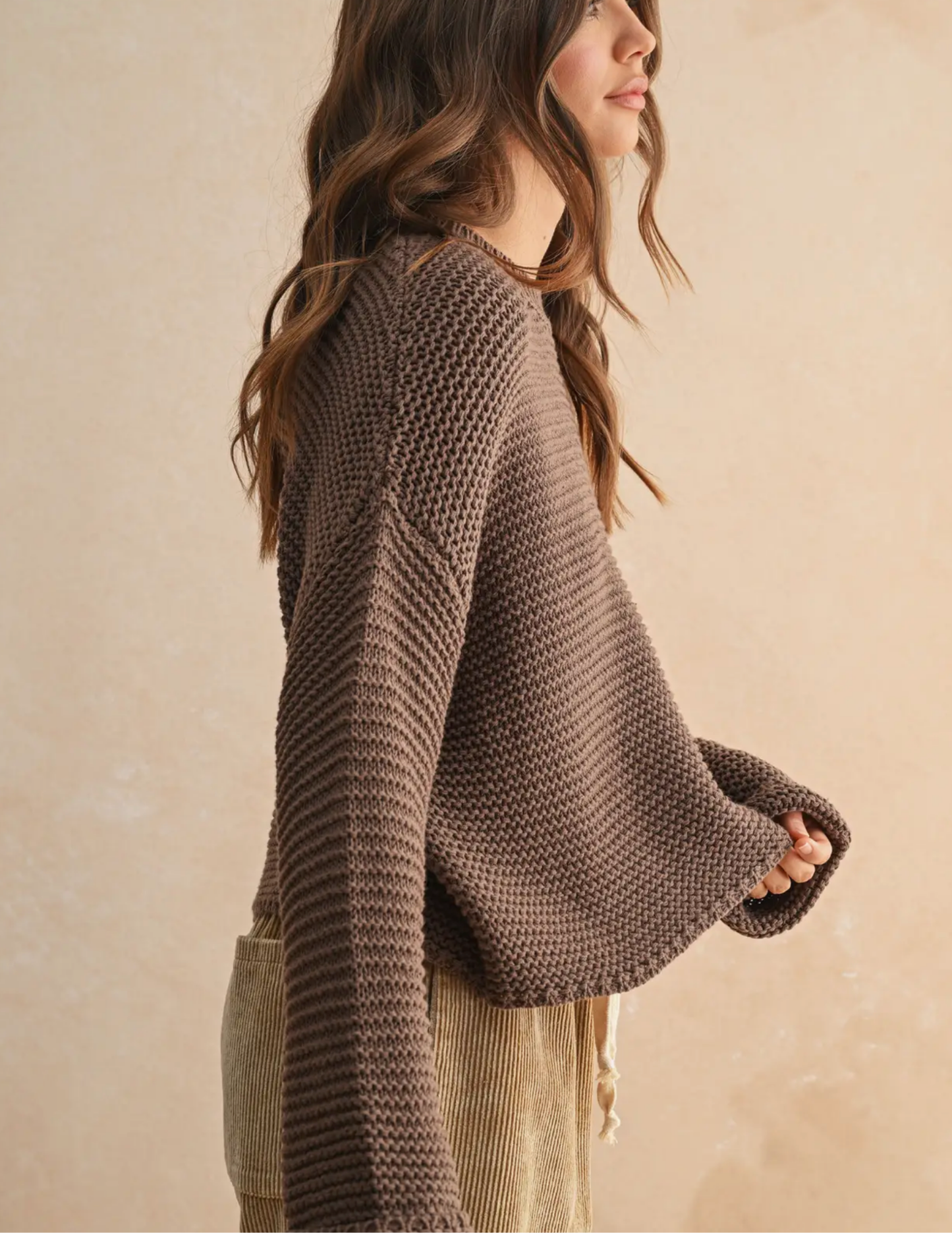 Round Neck Sweater Knitted Top- Chocolate