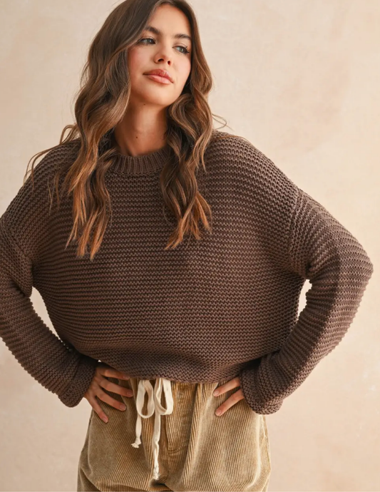 Round Neck Sweater Knitted Top- Chocolate