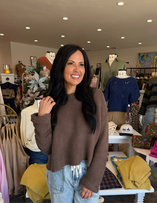 Round Neck Sweater Knitted Top- Chocolate