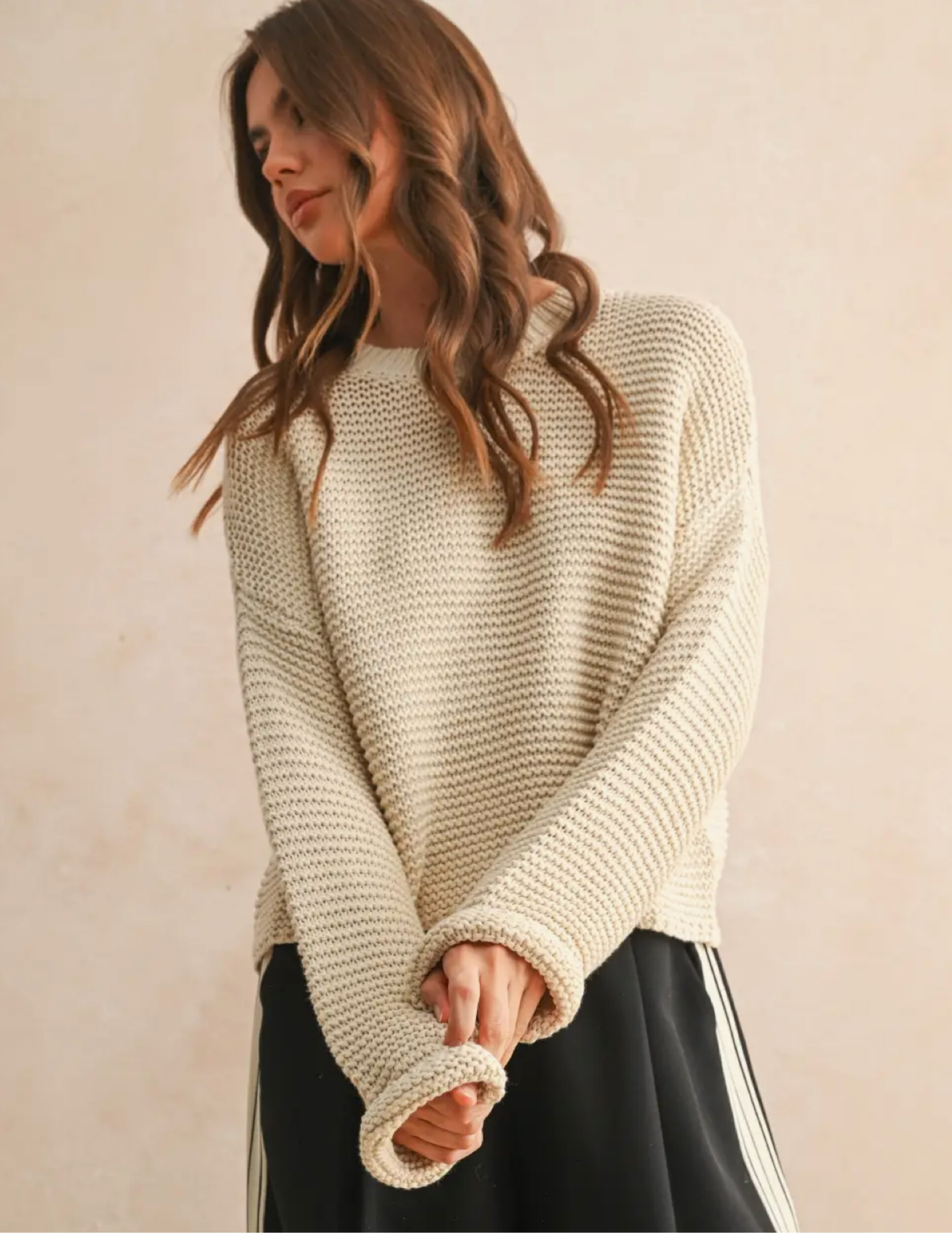 Round Neck Sweater Knitted Top- Cream
