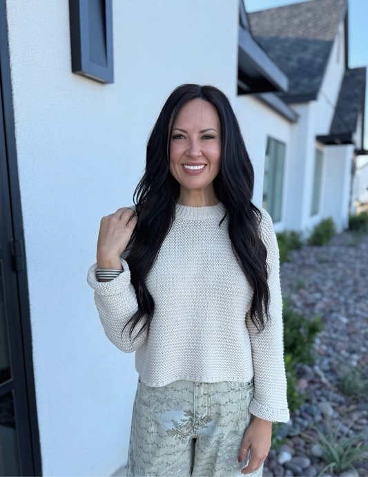 Round Neck Sweater Knitted Top- Cream