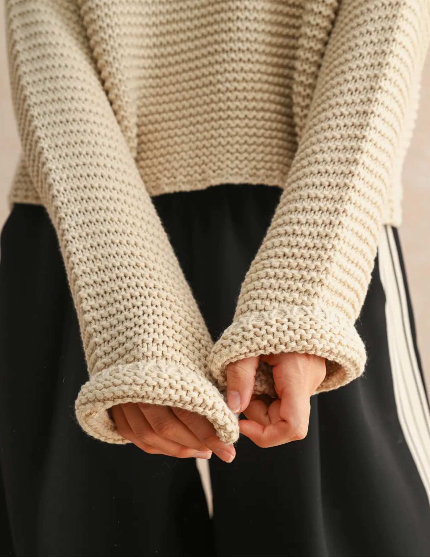 Round Neck Sweater Knitted Top- Cream