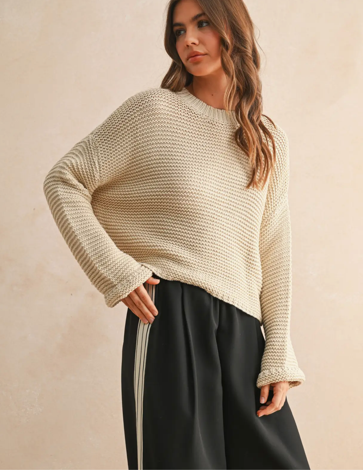Round Neck Sweater Knitted Top- Cream