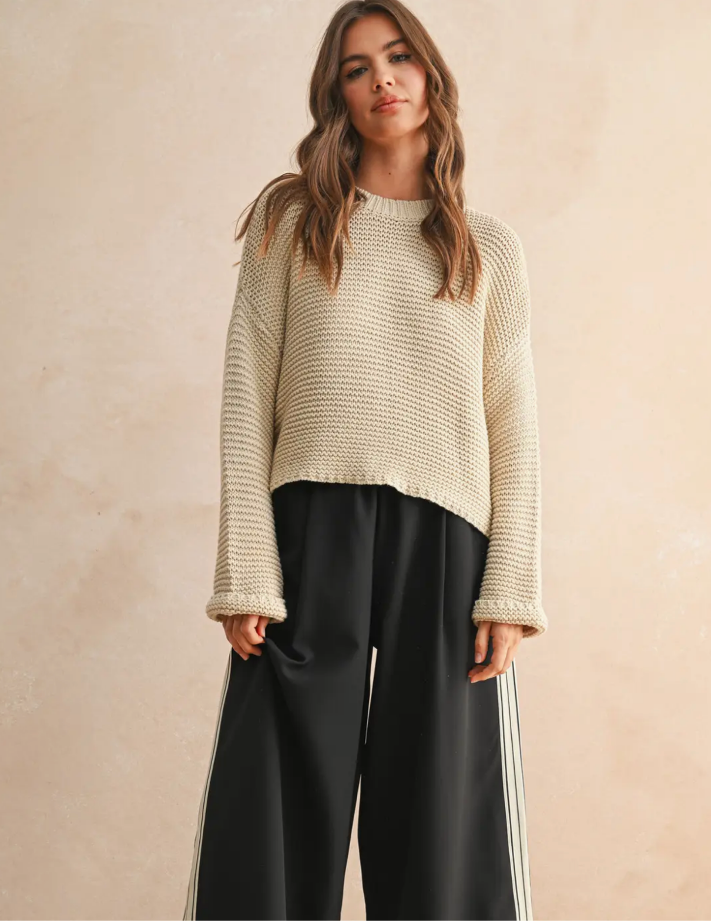 Round Neck Sweater Knitted Top- Cream