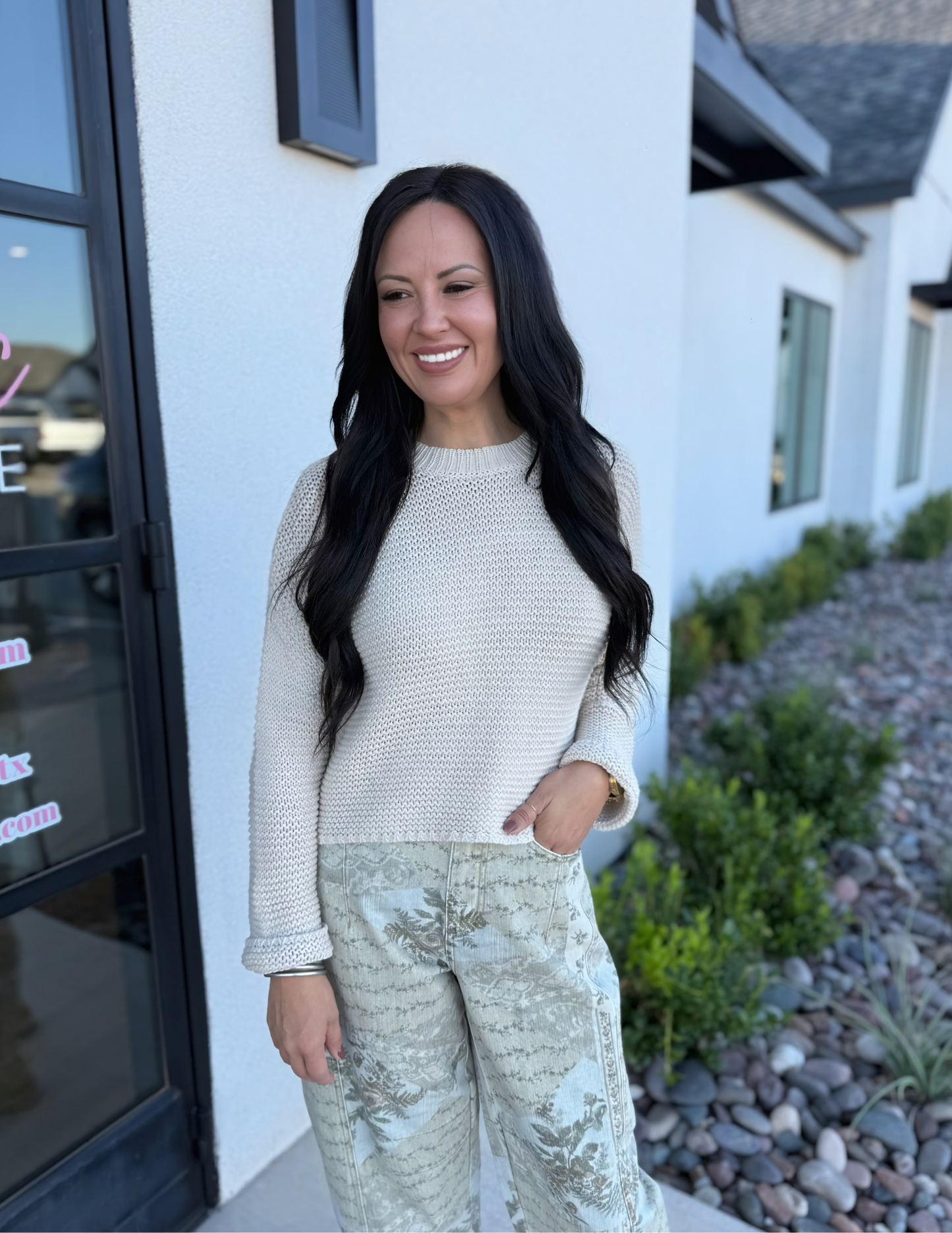 Round Neck Sweater Knitted Top- Cream