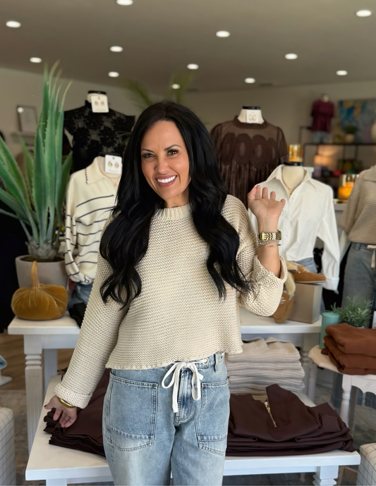 Round Neck Sweater Knitted Top- Cream