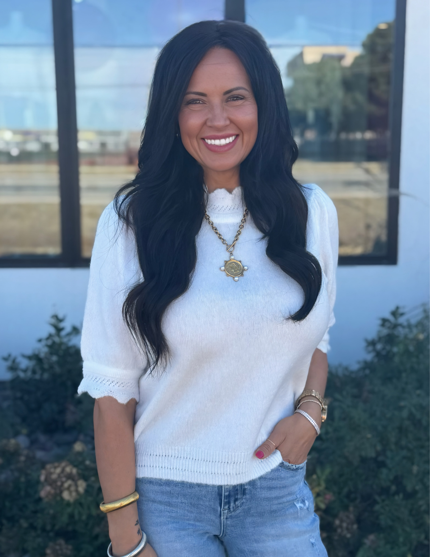 Scalloped Edge Soft Cozy Knitted Sweater- Cream