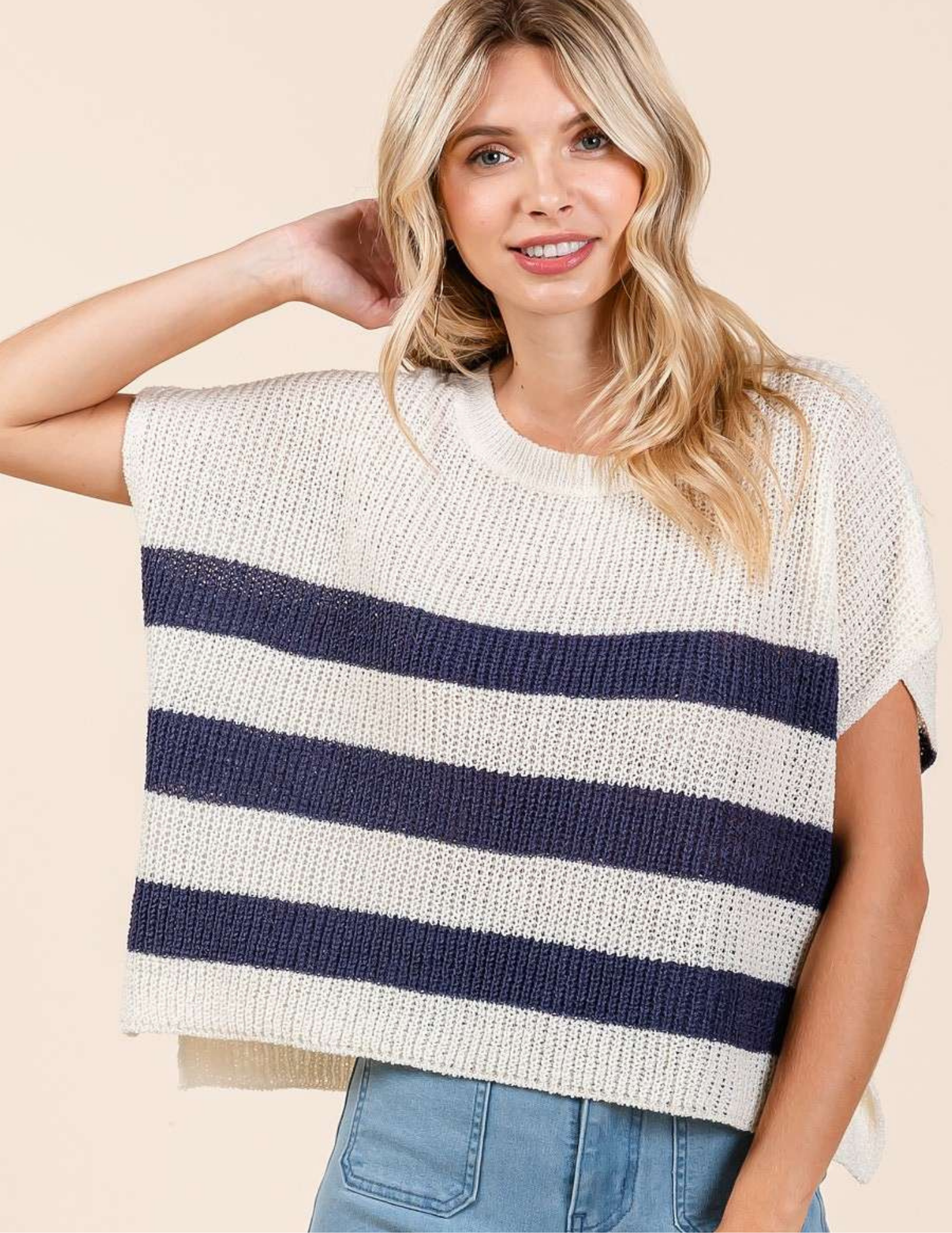Striped Dolman Sweater- Navy - Tres Chic Boutique