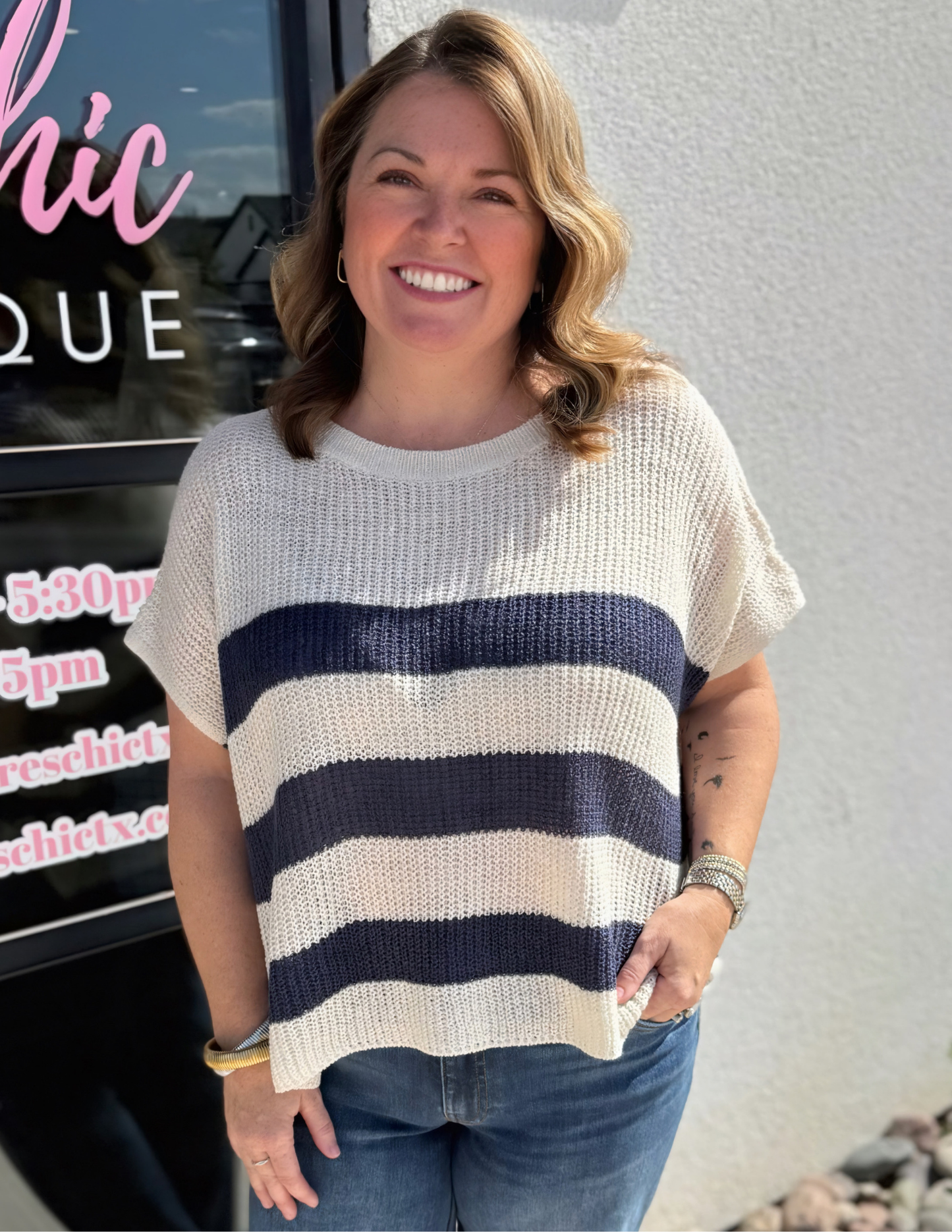 Striped Dolman Sweater- Navy