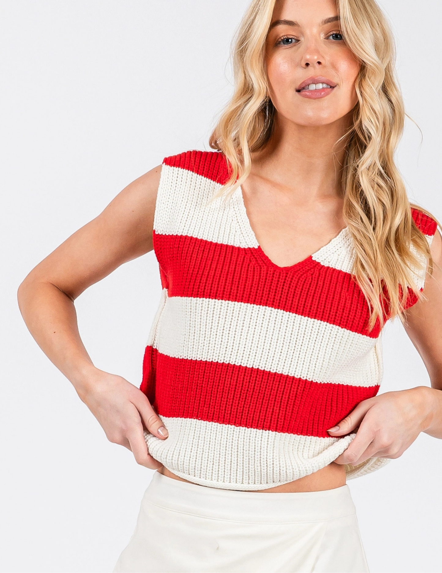 Striped V-Neck Cropped Sweater Vest- Red - Tres Chic Boutique