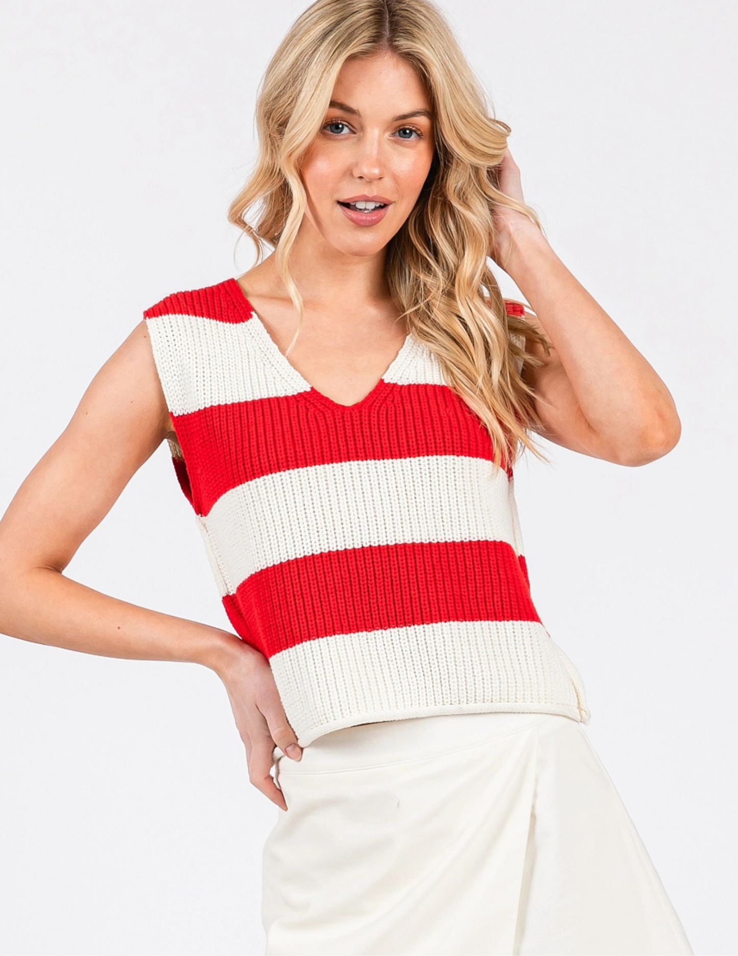 Striped V-Neck Cropped Sweater Vest- Red - Tres Chic Boutique
