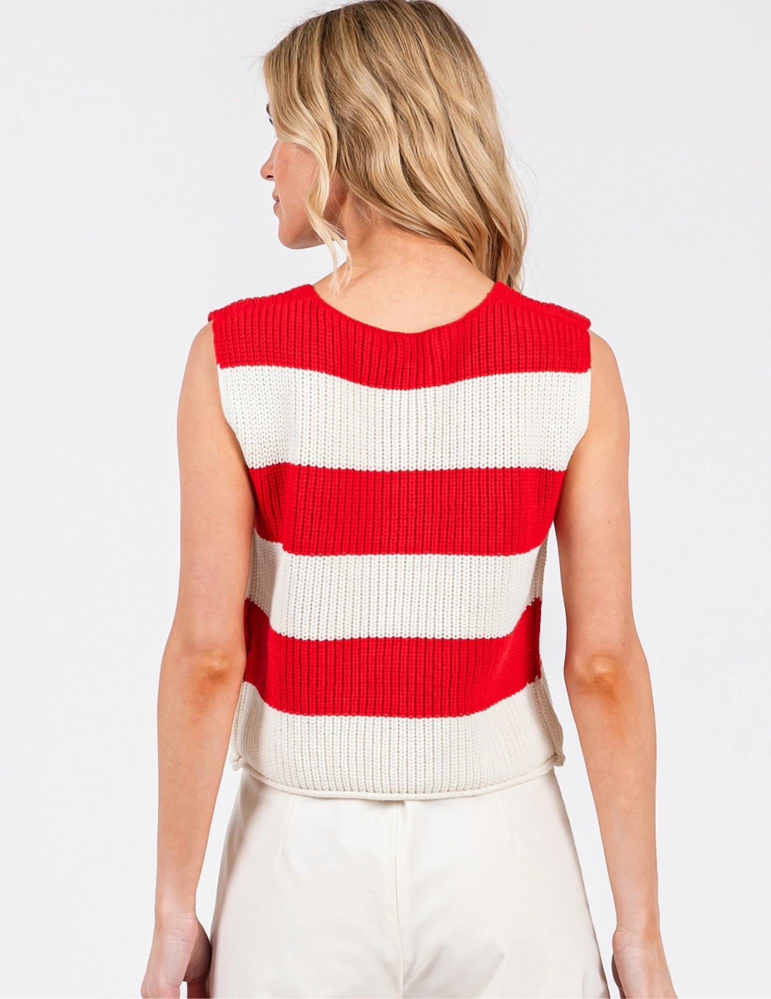 Striped V-Neck Cropped Sweater Vest- Red - Tres Chic Boutique