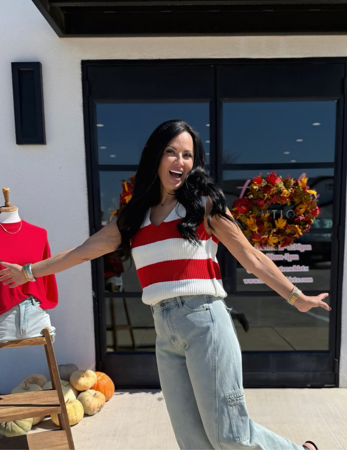 Striped V-Neck Cropped Sweater Vest- Red