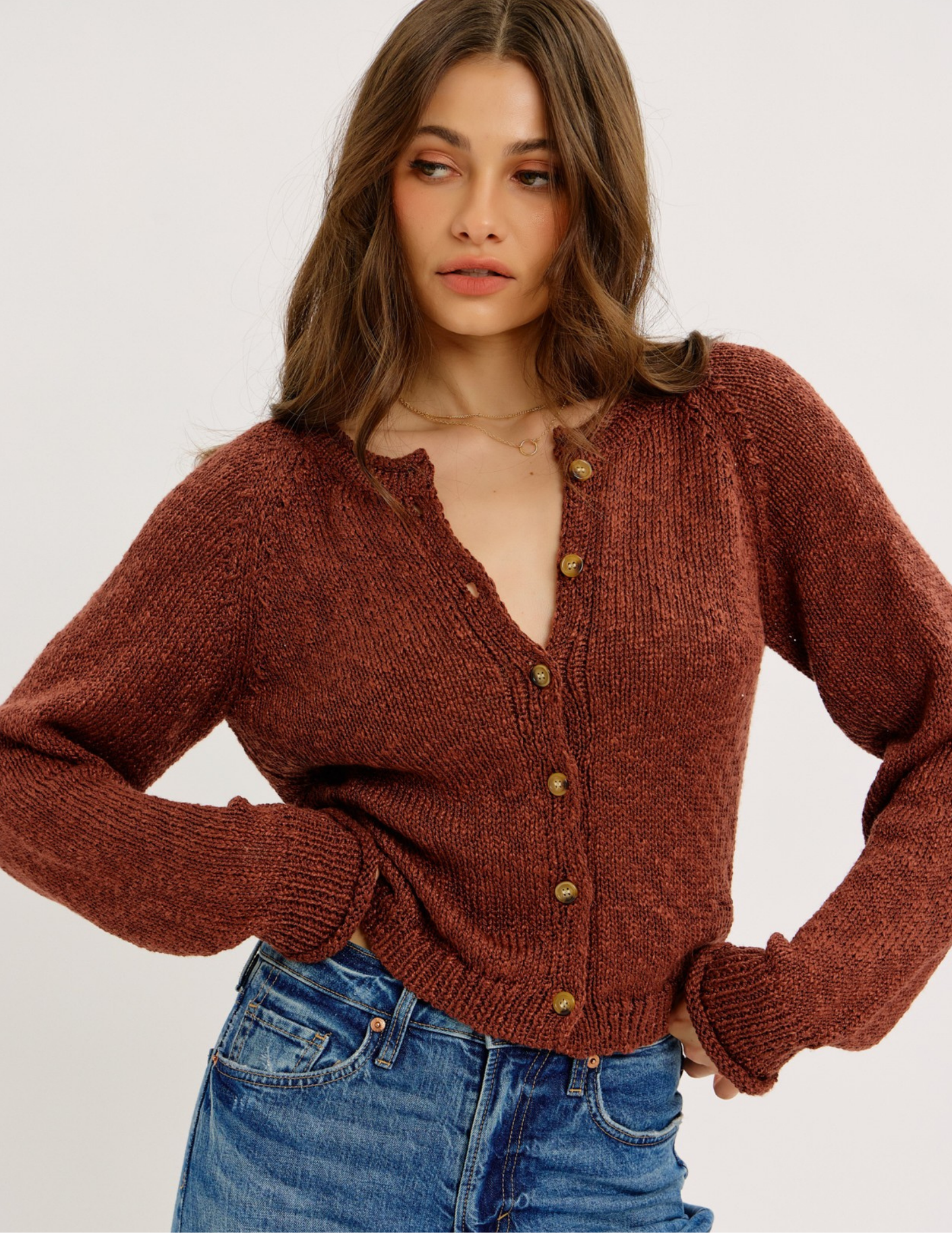 Textured Button-Down Cardigan- Cognac