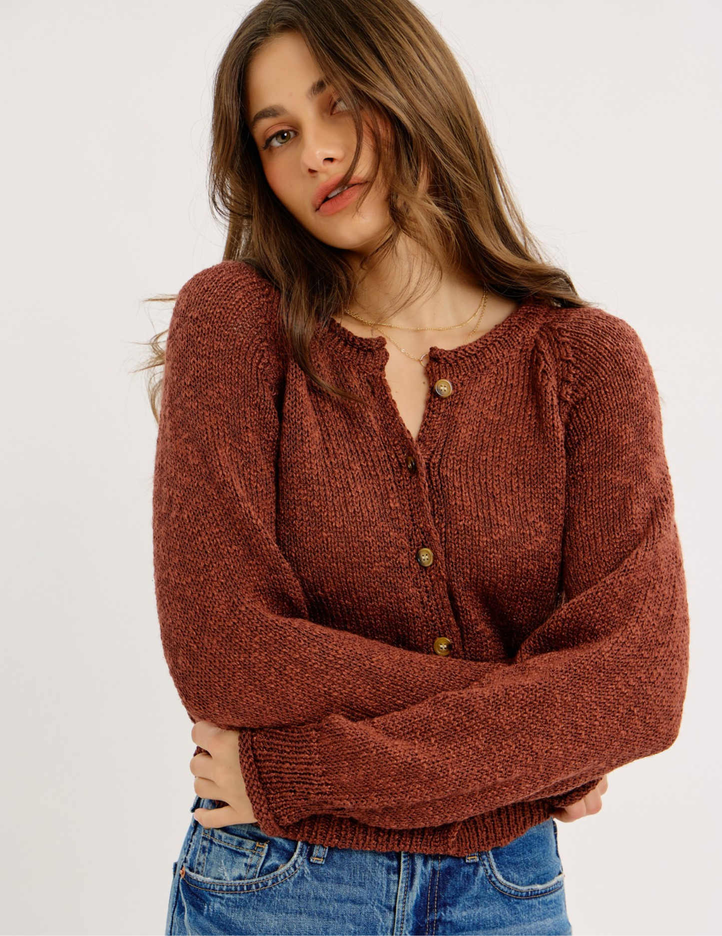 Textured Button-Down Cardigan- Cognac