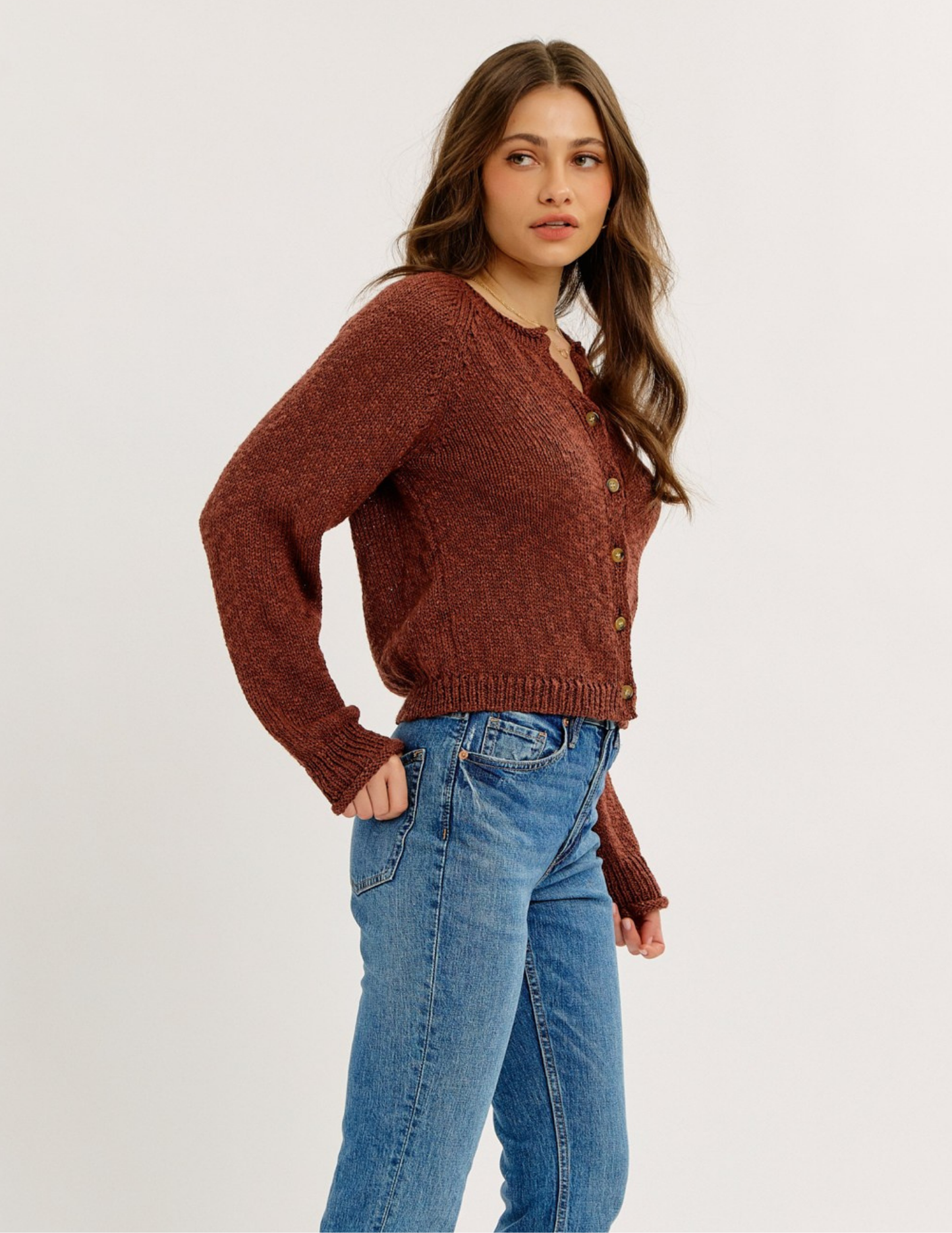 Textured Button-Down Cardigan- Cognac