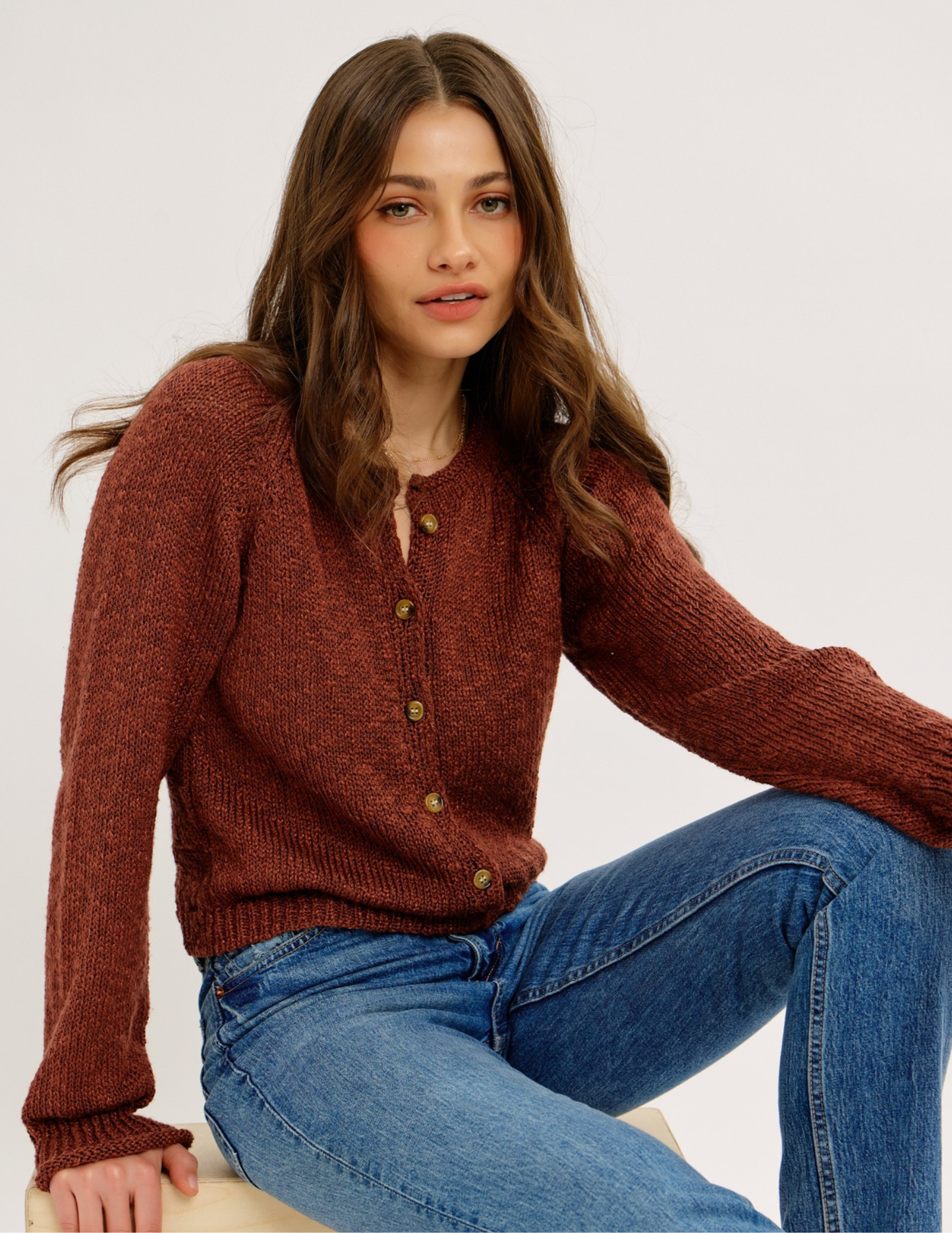 Textured Button-Down Cardigan- Cognac