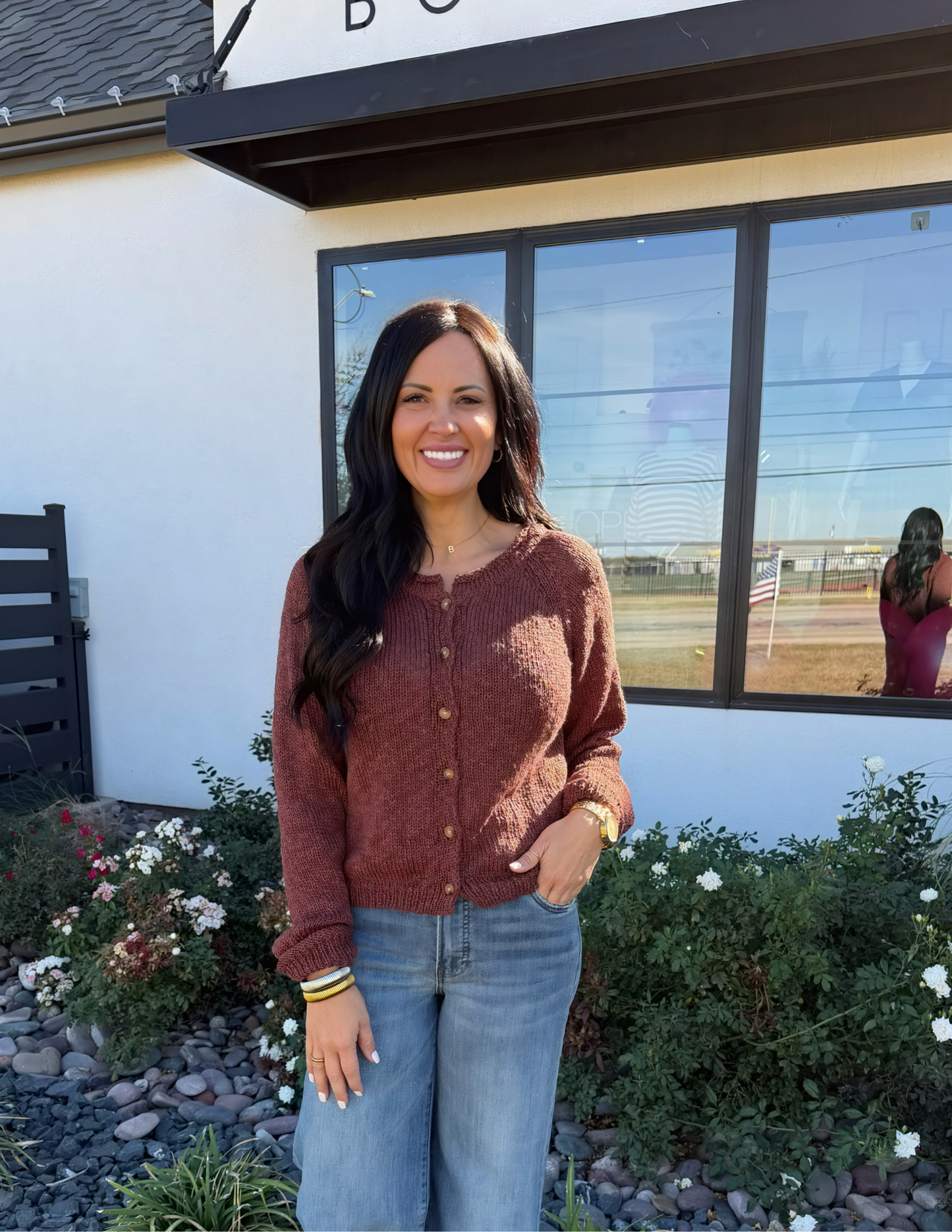 Textured Button-Down Cardigan- Cognac