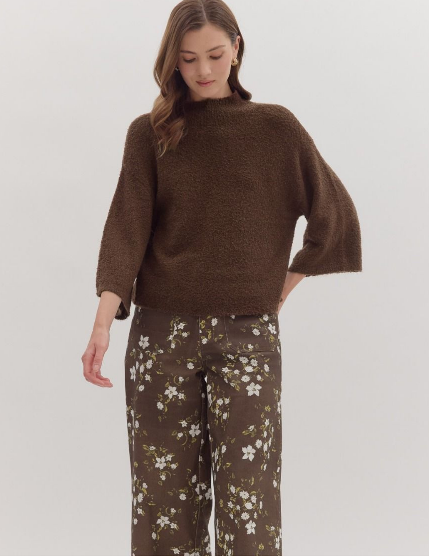 Three Quarter Knit Sweater- Brown