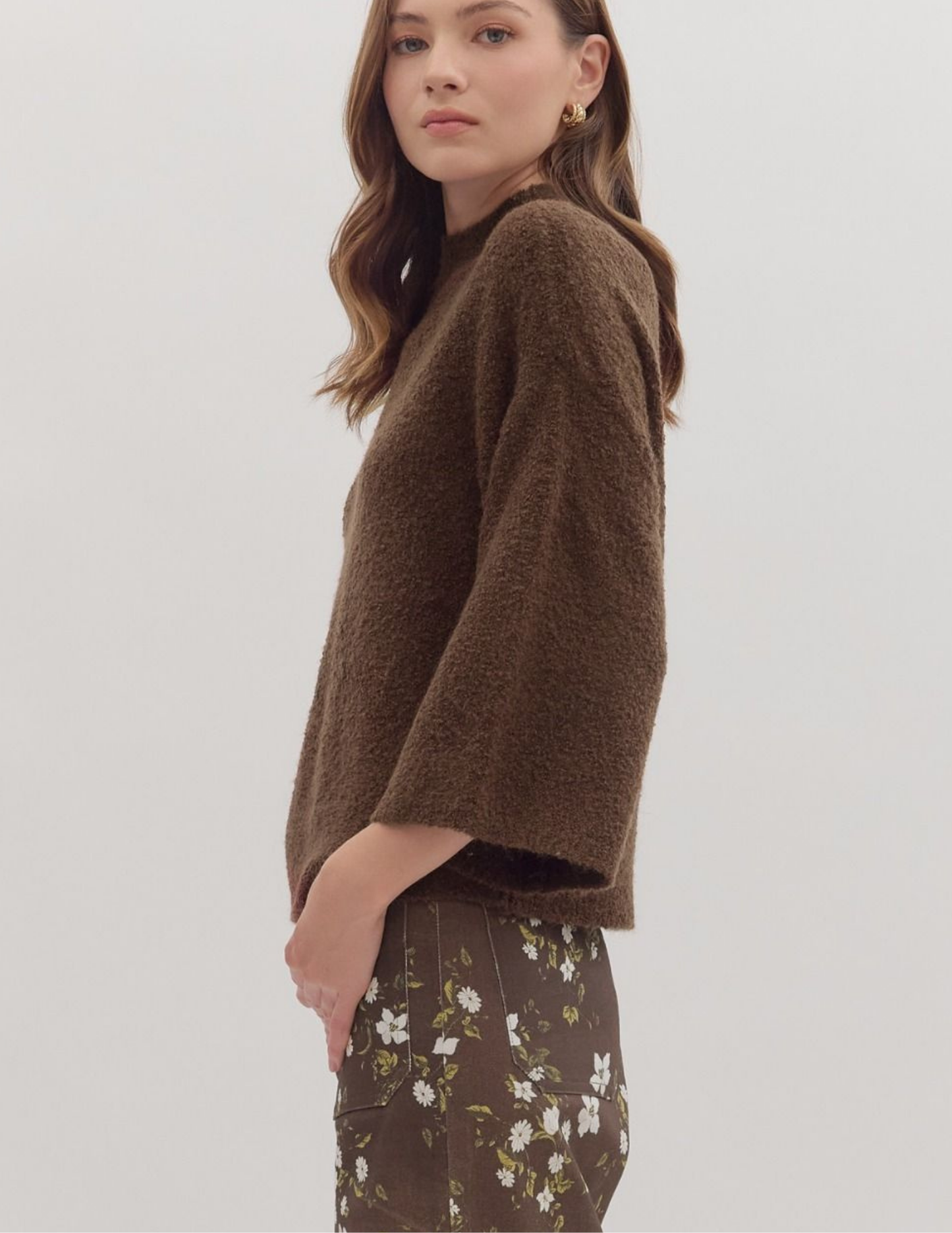 Three Quarter Knit Sweater- Brown