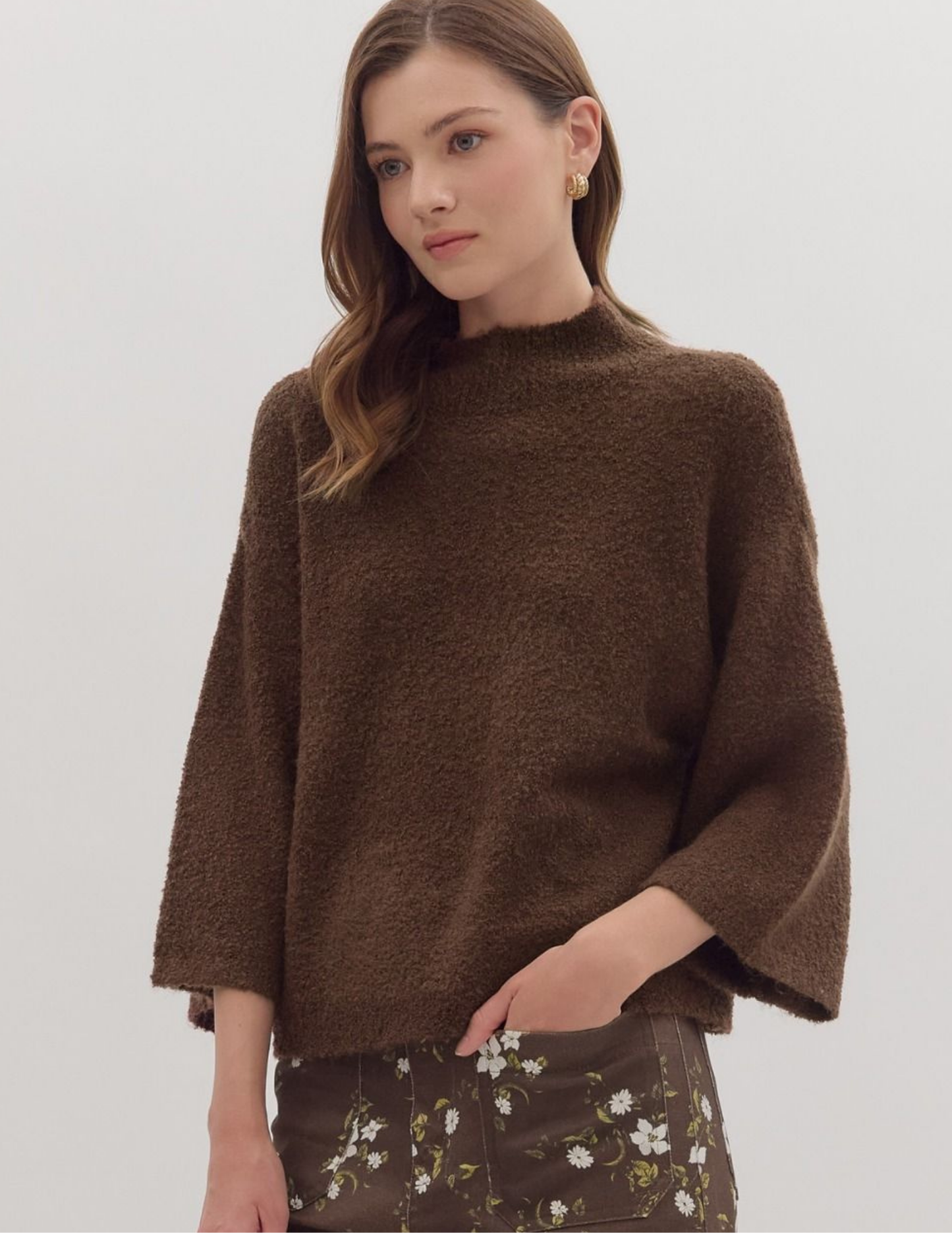 Three Quarter Knit Sweater- Brown