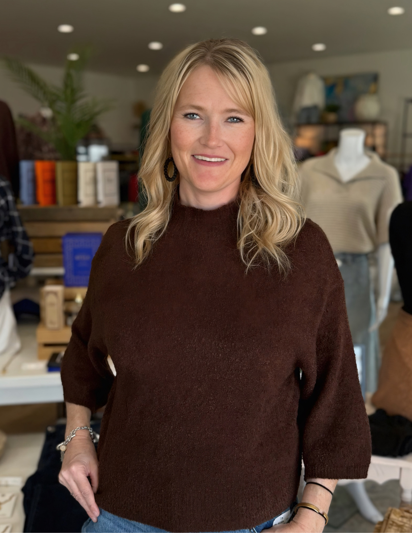 Three Quarter Knit Sweater- Brown