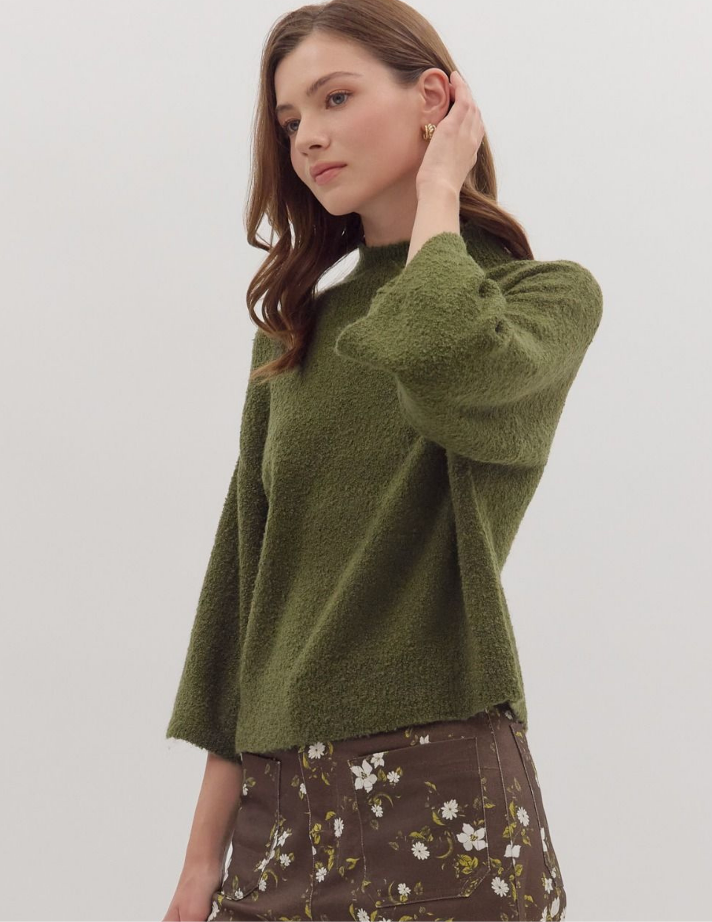 Three Quarter Sleeve Knit Sweater- Olive