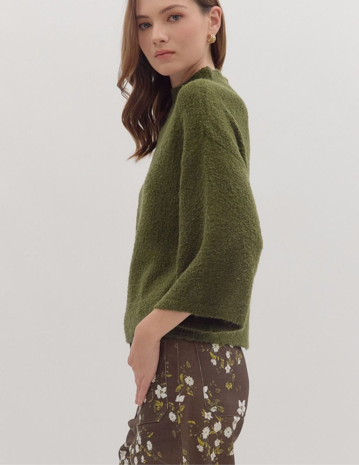 Three Quarter Sleeve Knit Sweater- Olive