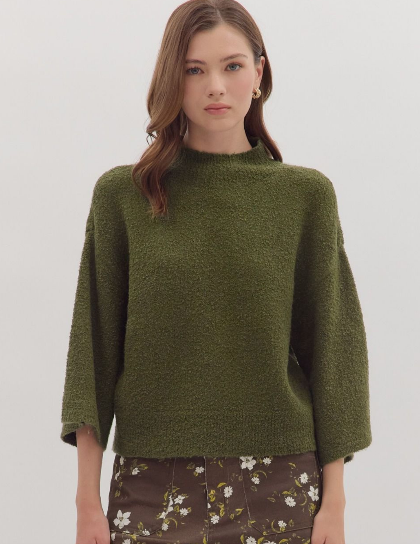 Three Quarter Sleeve Knit Sweater- Olive