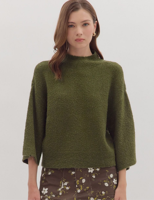 Three Quarter Sleeve Knit Sweater- Olive