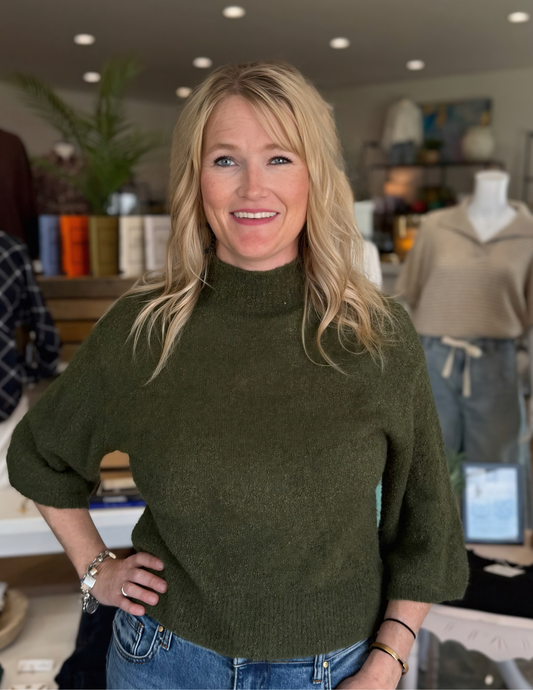 Three Quarter Sleeve Knit Sweater- Olive