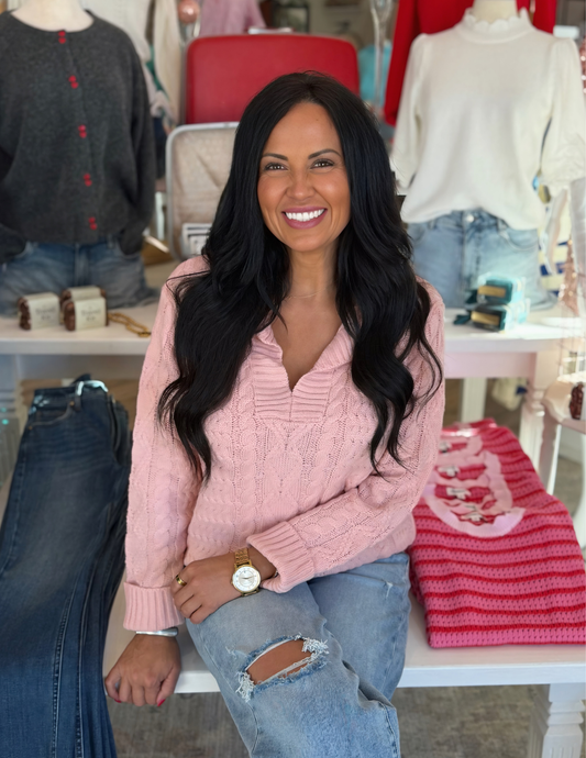 Cable V-Neck Knitted Sweater Top- Blush