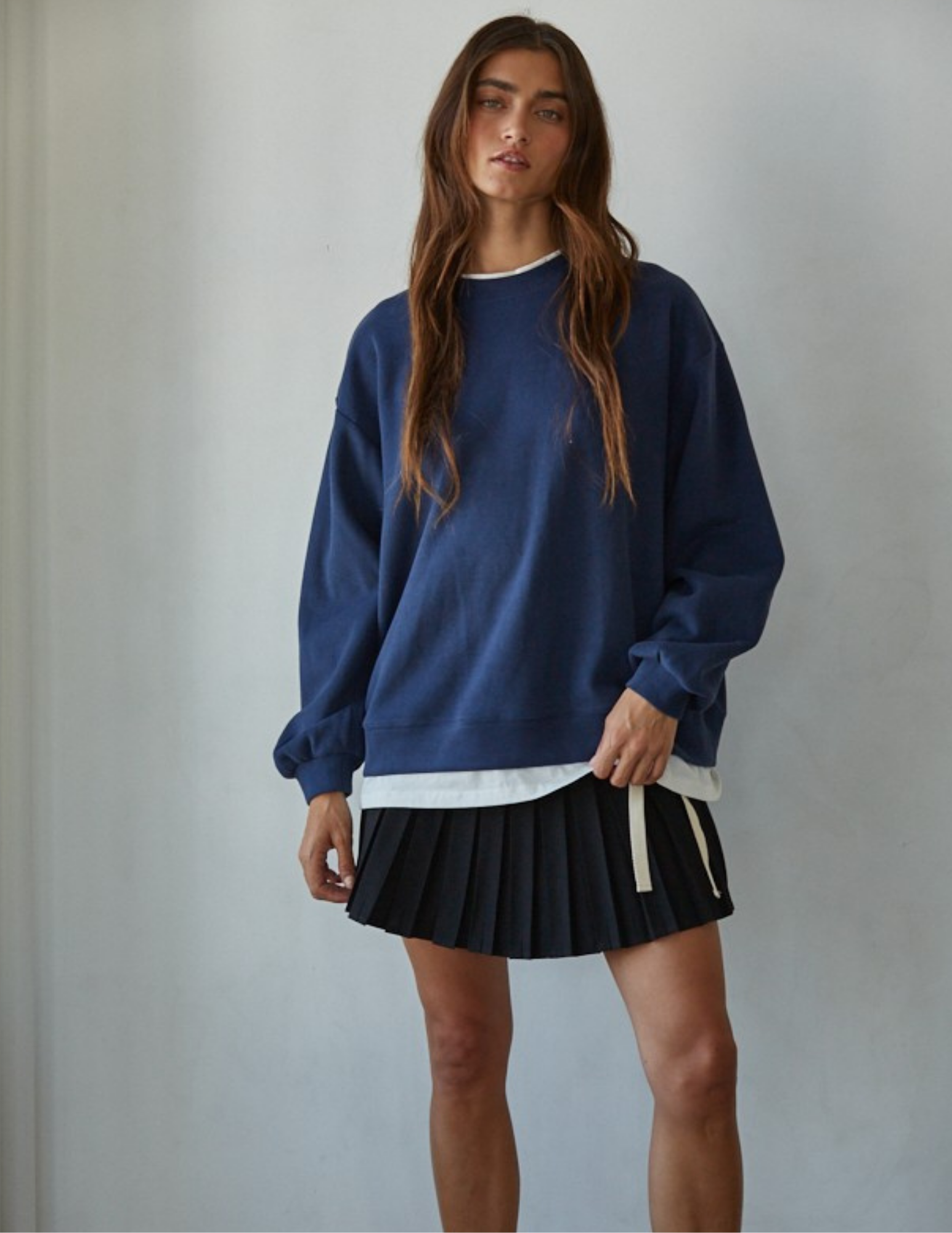 Always On Crew Twofer Pullover- Navy - Tres Chic Boutique