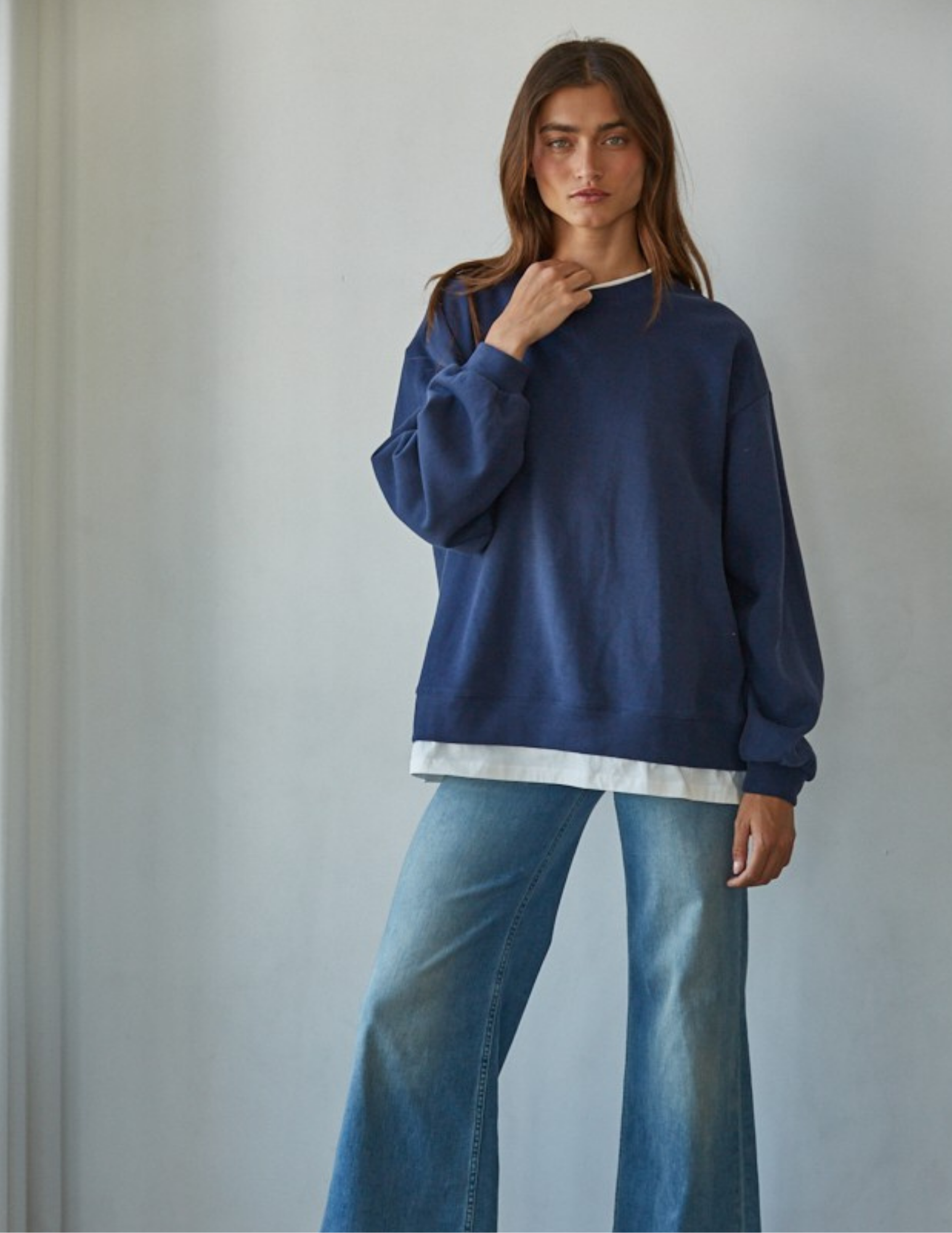 Always On Crew Twofer Pullover- Navy - Tres Chic Boutique
