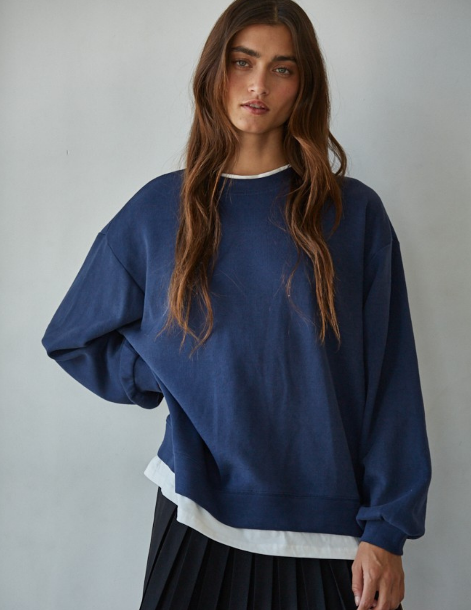 Always On Crew Twofer Pullover- Navy - Tres Chic Boutique