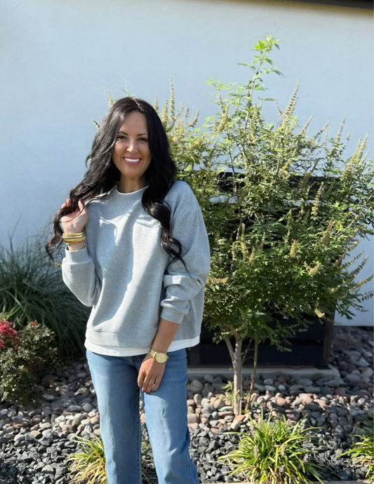 Always On Crew Twofer Pullover- Heather Grey