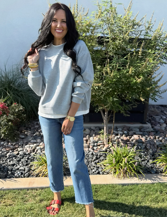 Always On Crew Twofer Pullover- Heather Grey - Tres Chic Boutique
