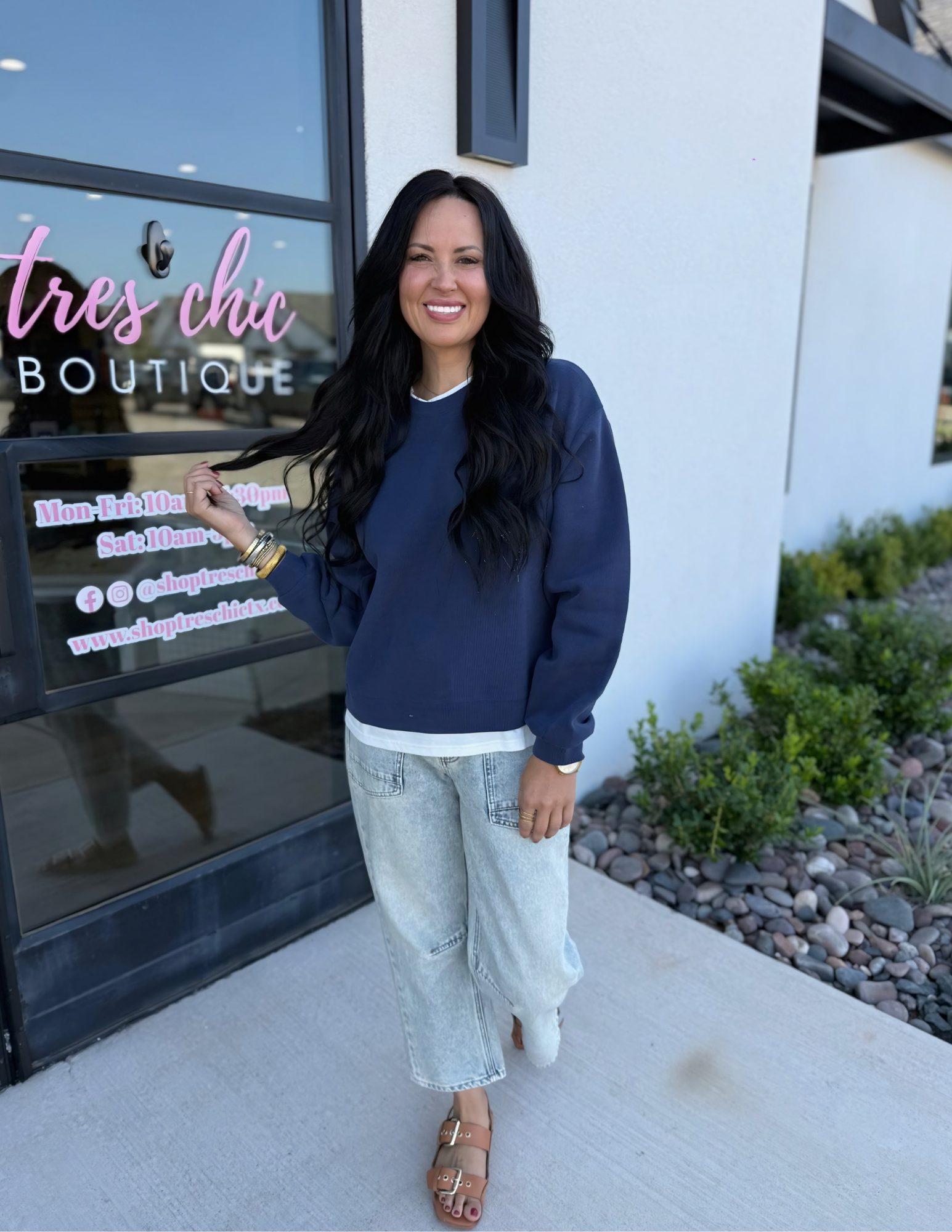 Always On Crew Twofer Pullover- Navy - Tres Chic Boutique