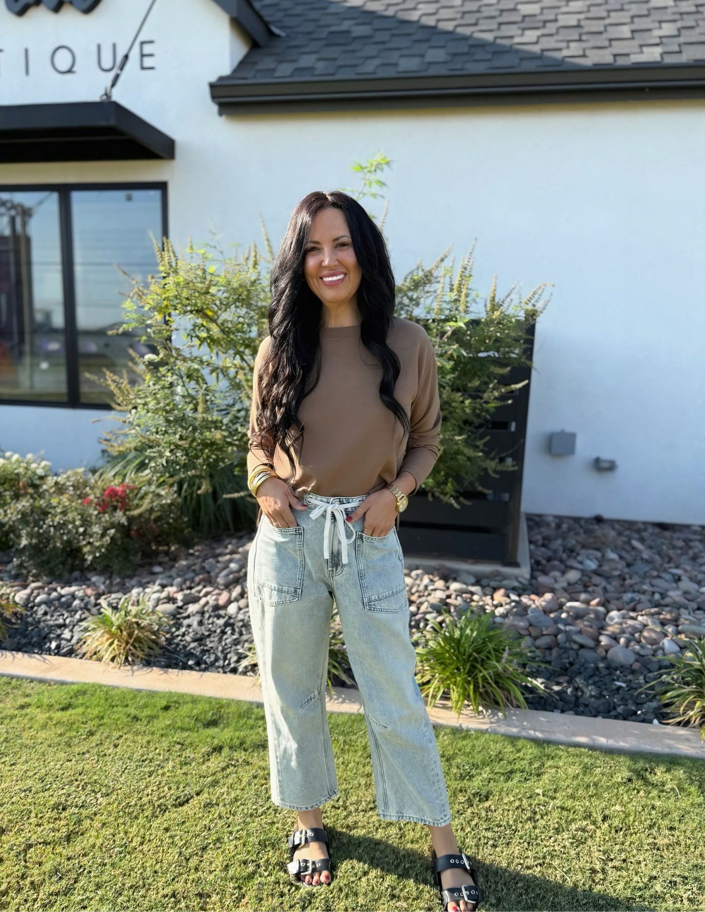 Camel Crew Neck Top - Tres Chic Boutique
