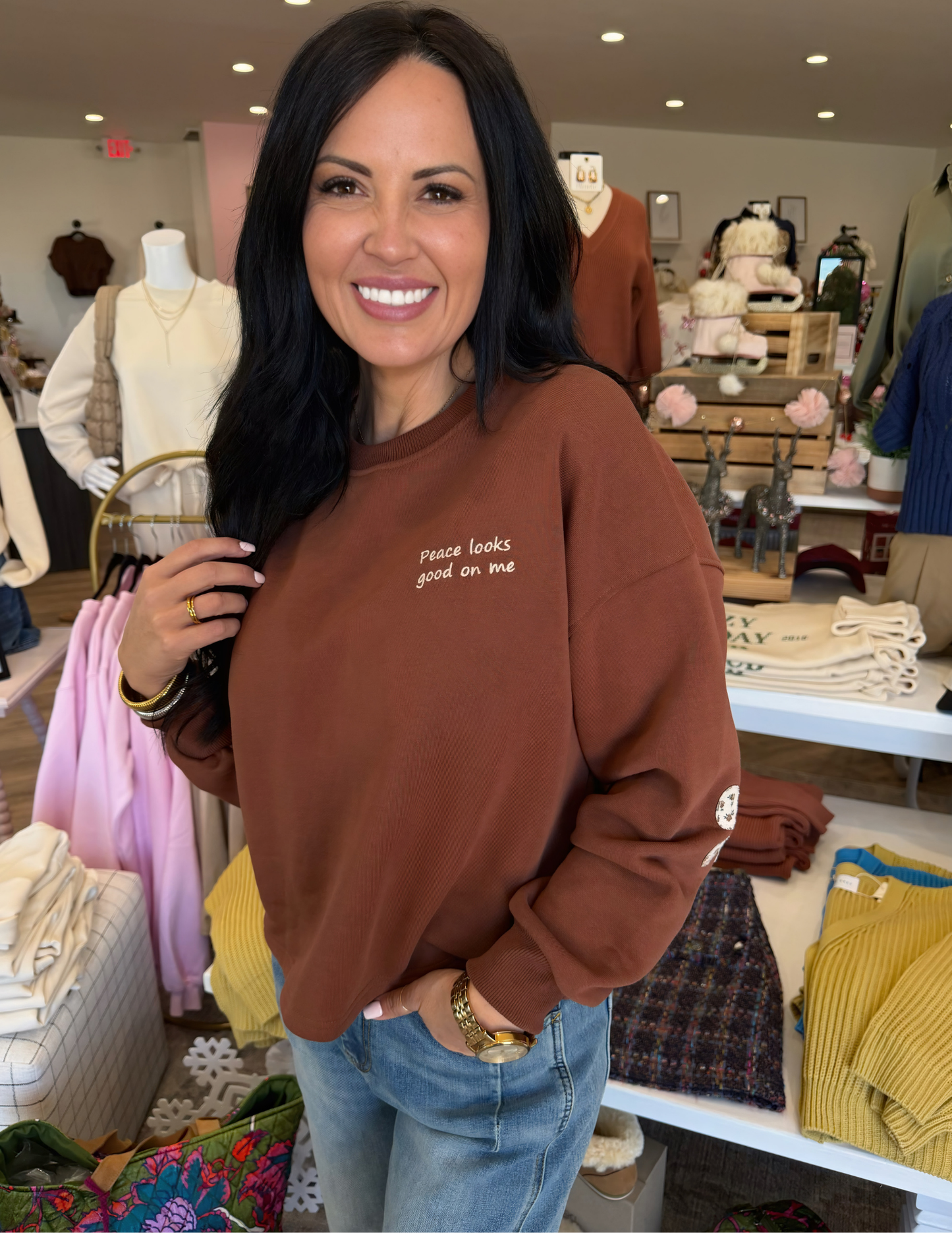 Crew Neck Patch Sweatshirt- Brown