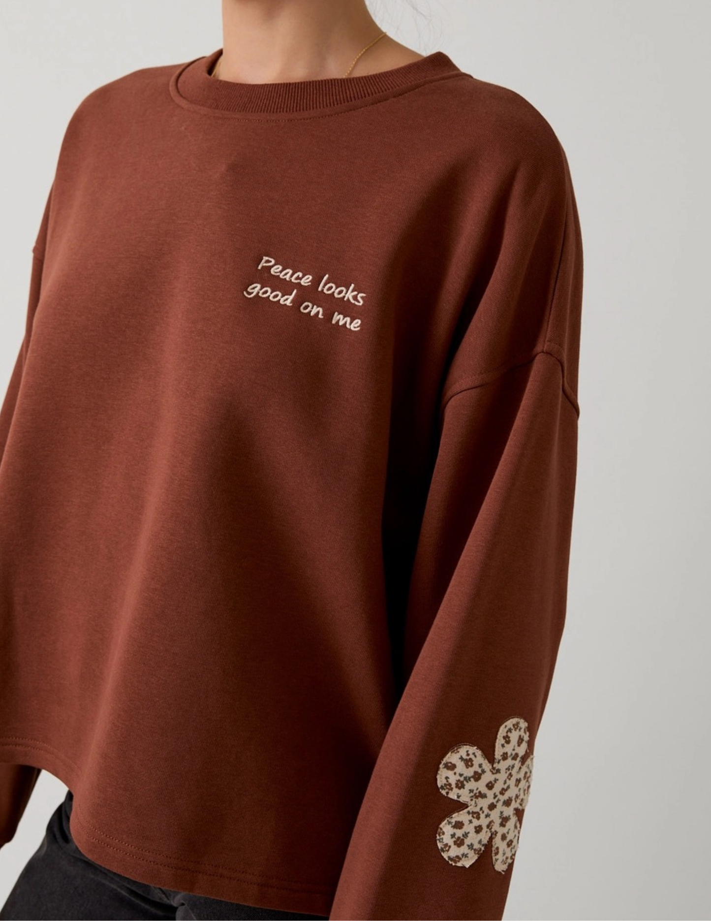 Crew Neck Patch Sweatshirt- Brown