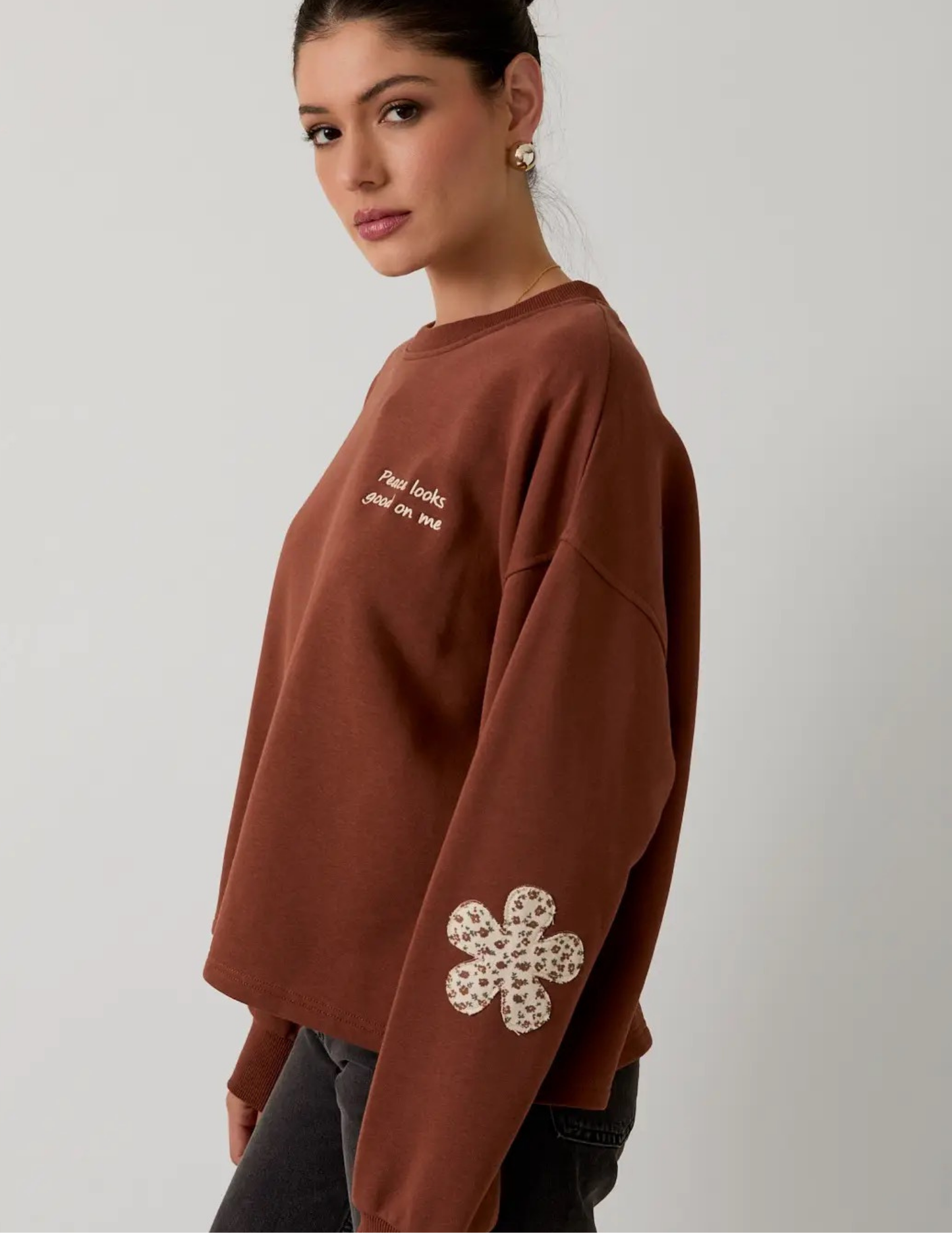 Crew Neck Patch Sweatshirt- Brown